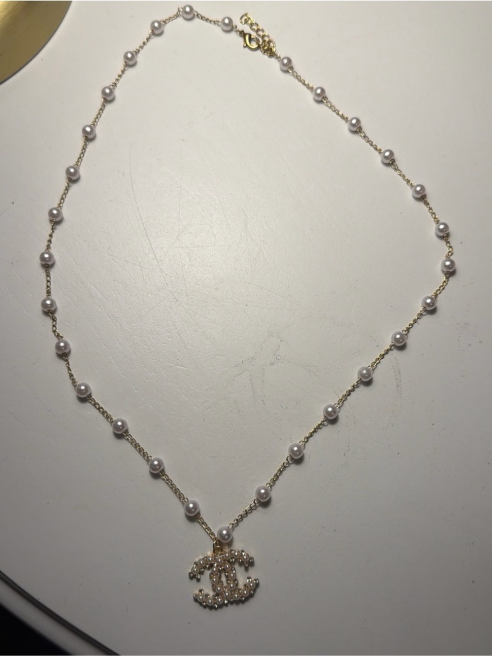 Pearl Stationed Chain Necklace with Gold-Tone CC Pendant